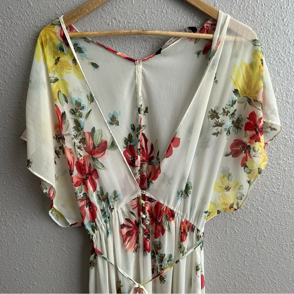 Zara sheer cream floral short sleeve coverup‎ maxi kimono duster